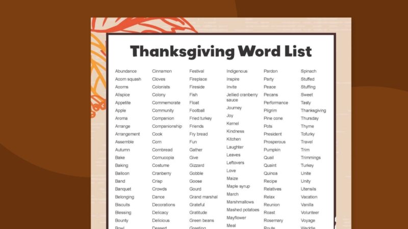 Thanksgiving word list printable