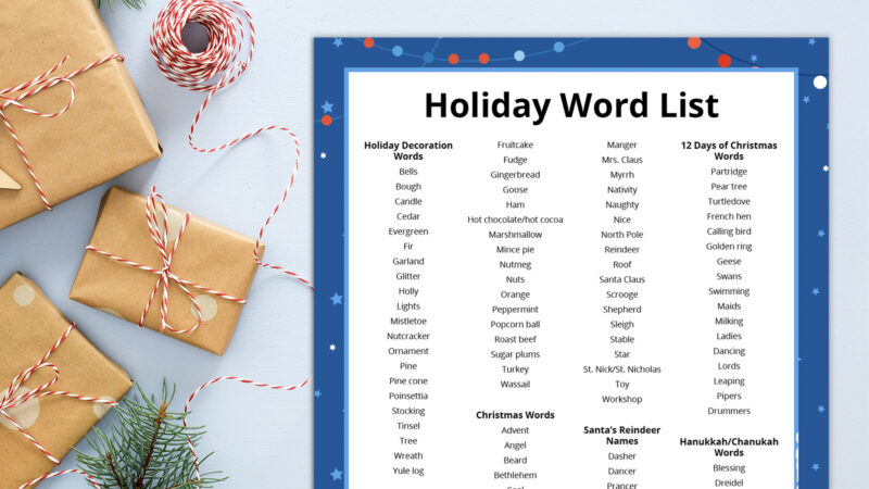 Holiday Words an image of a printable holiday word list